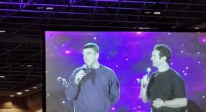 Zachery Quinto and Ethan Peck on stage together as Two Spocks at #STLV57